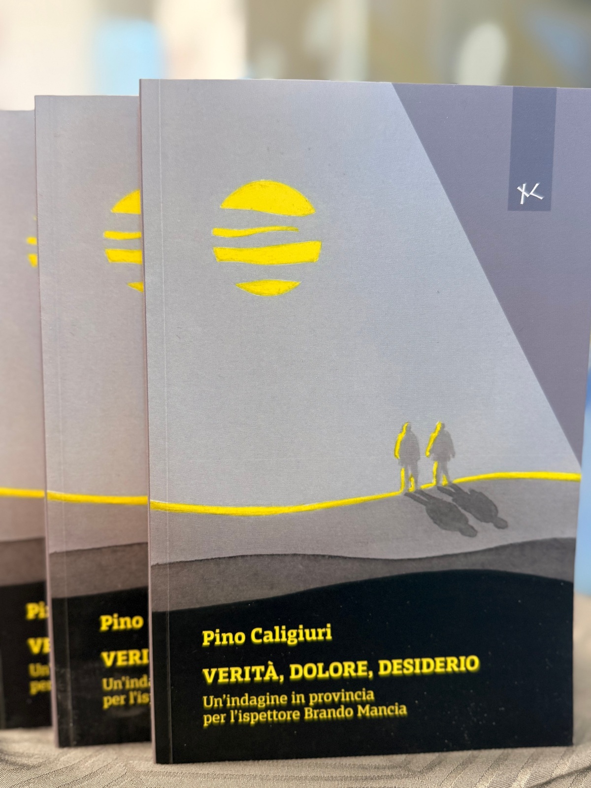 Copie del romanzo Verità, dolore, desiderio, con copertina grigia e gialla